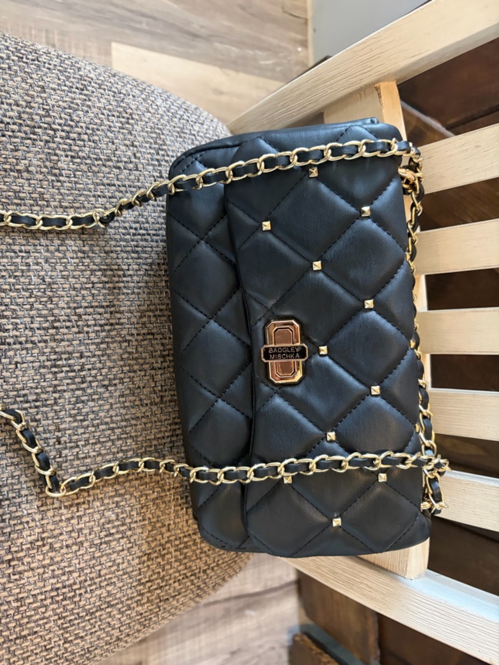 Badgley Mischka Black Quilted Crossbody with Gold Chain - Picture 5 of 10